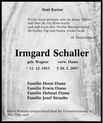 Traueranzeige von Irmgard Schaller von Tageszeitung