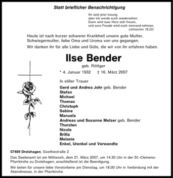 Traueranzeige von Ilse Bender von Tageszeitung