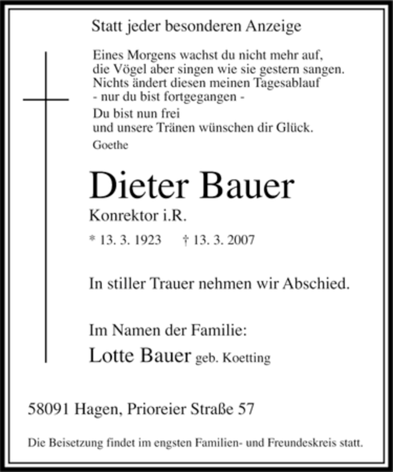 Traueranzeigen Von Dieter Bauer Trauer In Nrwde 