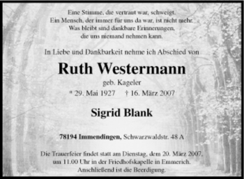 Traueranzeige von Ruth Westermann von Tageszeitung