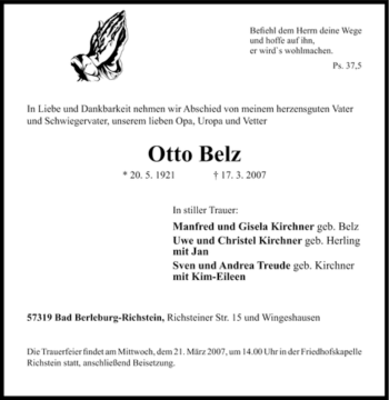 Traueranzeige von Otto Belz von Tageszeitung