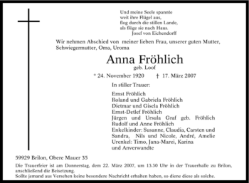 Traueranzeige von Anna Fröhlich von Tageszeitung