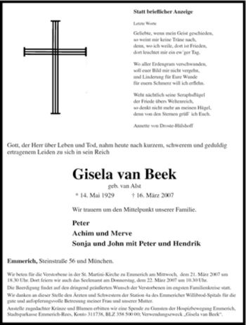 Traueranzeige von Gisela van Beek von Tageszeitung