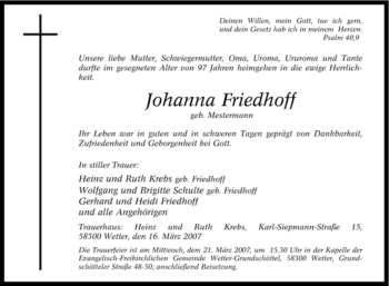 Traueranzeige von Johanna Friedhoff von Tageszeitung