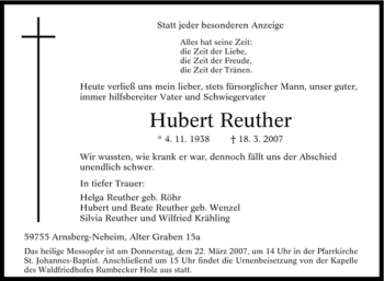Traueranzeige von Hubert Reuther von Tageszeitung