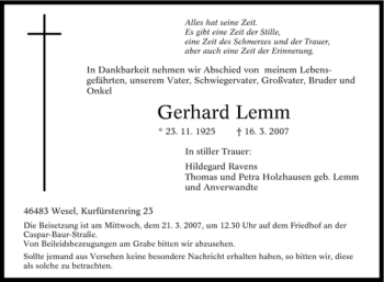 Traueranzeige von Gerhard Lemm von Tageszeitung