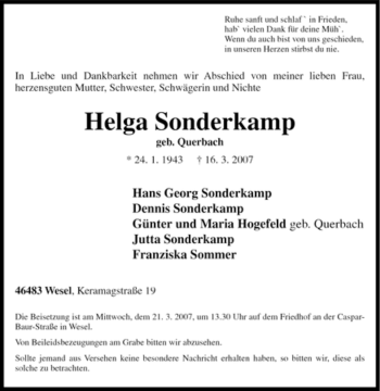 Traueranzeige von Helga Sonderkamp von Tageszeitung