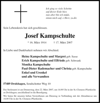 Traueranzeige von Josef Kampschulte von Tageszeitung