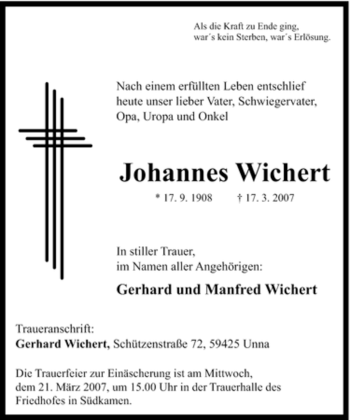 Traueranzeige von Johannes Wichert von Tageszeitung