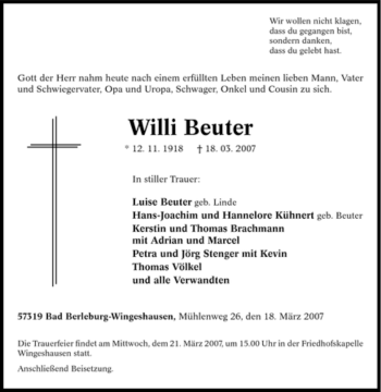 Traueranzeige von Willi Beuter von Tageszeitung