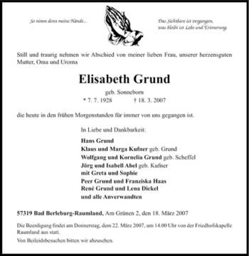 Traueranzeige von Elisabeth Grund von Tageszeitung