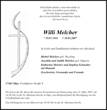 Traueranzeige von Willi Melcher von Tageszeitung