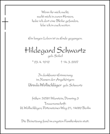 Traueranzeige von Hildegard Schwartz von Tageszeitung