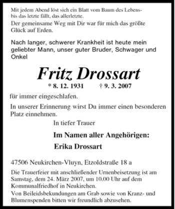 Traueranzeige von Fritz Drossart von Tageszeitung