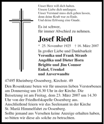 Traueranzeige von Josef Riedl von Tageszeitung