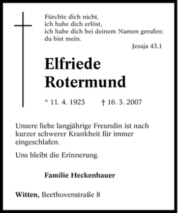 Traueranzeige von Elfriede Rotermund von Tageszeitung