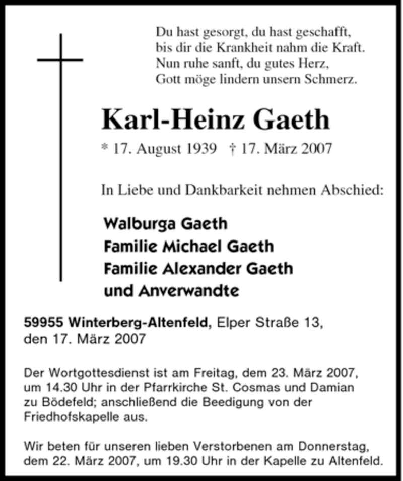  Traueranzeige für Karl-Heinz Gaeth vom 20.03.2007 aus Tageszeitung