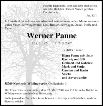 Traueranzeige von Werner Panne von Tageszeitung