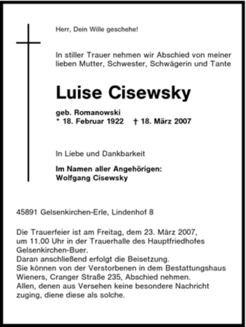 Traueranzeige von Luise Cisewsky von Tageszeitung