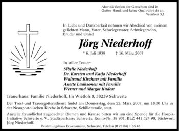 Traueranzeige von Jörg Niederhoff von Tageszeitung