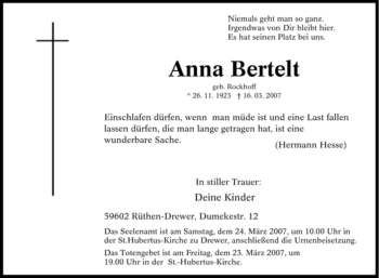 Traueranzeige von Anna Bertelt von Tageszeitung