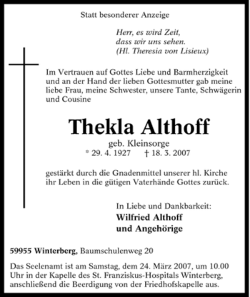 Traueranzeige von Thekla Althoff von Tageszeitung