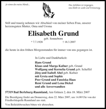 Traueranzeige von Elisabeth Grund von Tageszeitung