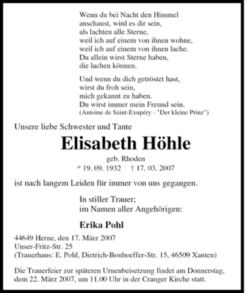  Traueranzeige für Elisabeth Höhle vom 20.03.2007 aus Tageszeitung