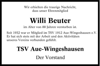 Traueranzeige von Willi Beuter von Tageszeitung