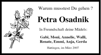 Traueranzeige von Petra Osadnik von Tageszeitung