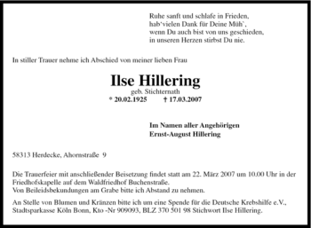Traueranzeige von Ilse Hillering von Tageszeitung