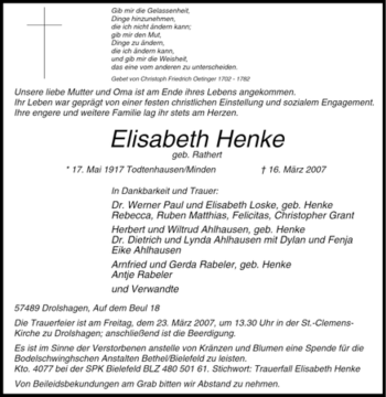Traueranzeige von Elisabeth Henke von Tageszeitung