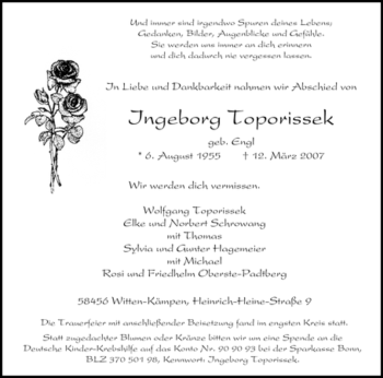Traueranzeige von Ingeborg Toporissek von Tageszeitung