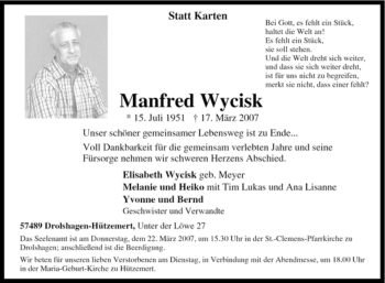 Traueranzeige von Manfred Wycisk von Tageszeitung