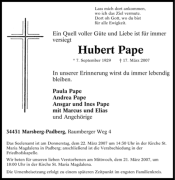 Traueranzeige von Hubert Pape von Tageszeitung