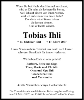 Traueranzeige von Tobias Ihli von Tageszeitung