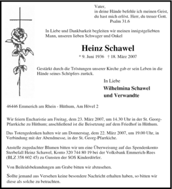 Traueranzeige von Heinz Schawel von Tageszeitung