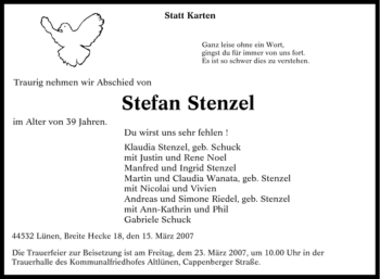 Traueranzeige von Stefan Stenzel von Tageszeitung