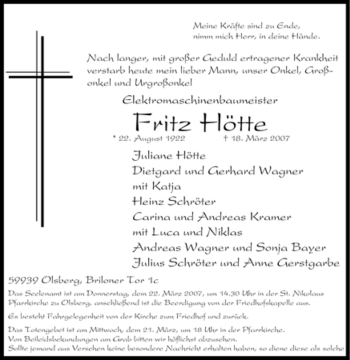 Traueranzeige von Fritz Hötte von Tageszeitung