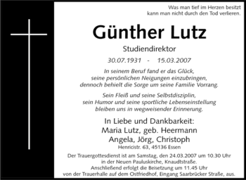 Traueranzeige von Günther Lutz von Tageszeitung