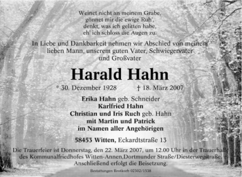 Traueranzeige von Harald Hahn von Tageszeitung