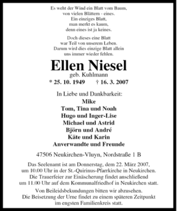Traueranzeige von Ellen Niesel von Tageszeitung