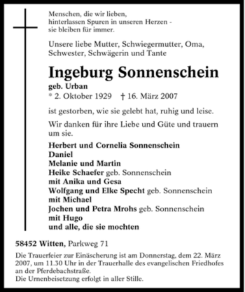 Traueranzeige von Ingeburg Sonnenschein von Tageszeitung