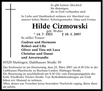 Traueranzeige von Hilde Cizmowski von Tageszeitung