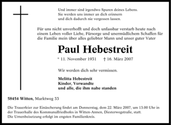 Traueranzeige von Paul Hebestreit von Tageszeitung