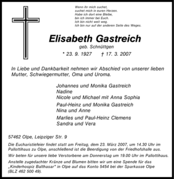 Traueranzeige von Elisabeth Gastreich von Tageszeitung