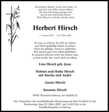 Traueranzeige von Herbert Hirsch von Tageszeitung