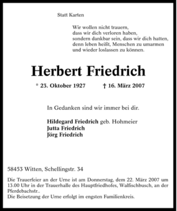 Traueranzeige von Herbert Friedrich von Tageszeitung