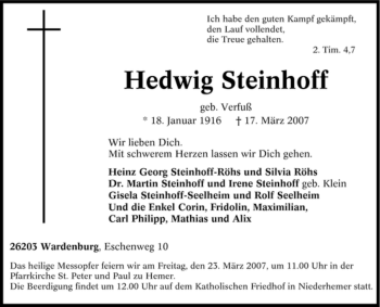 Traueranzeige von Hedwig Steinhoff von Tageszeitung
