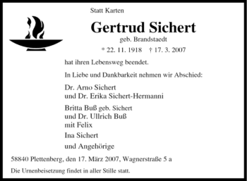 Traueranzeige von Gertrud Sichert von Tageszeitung